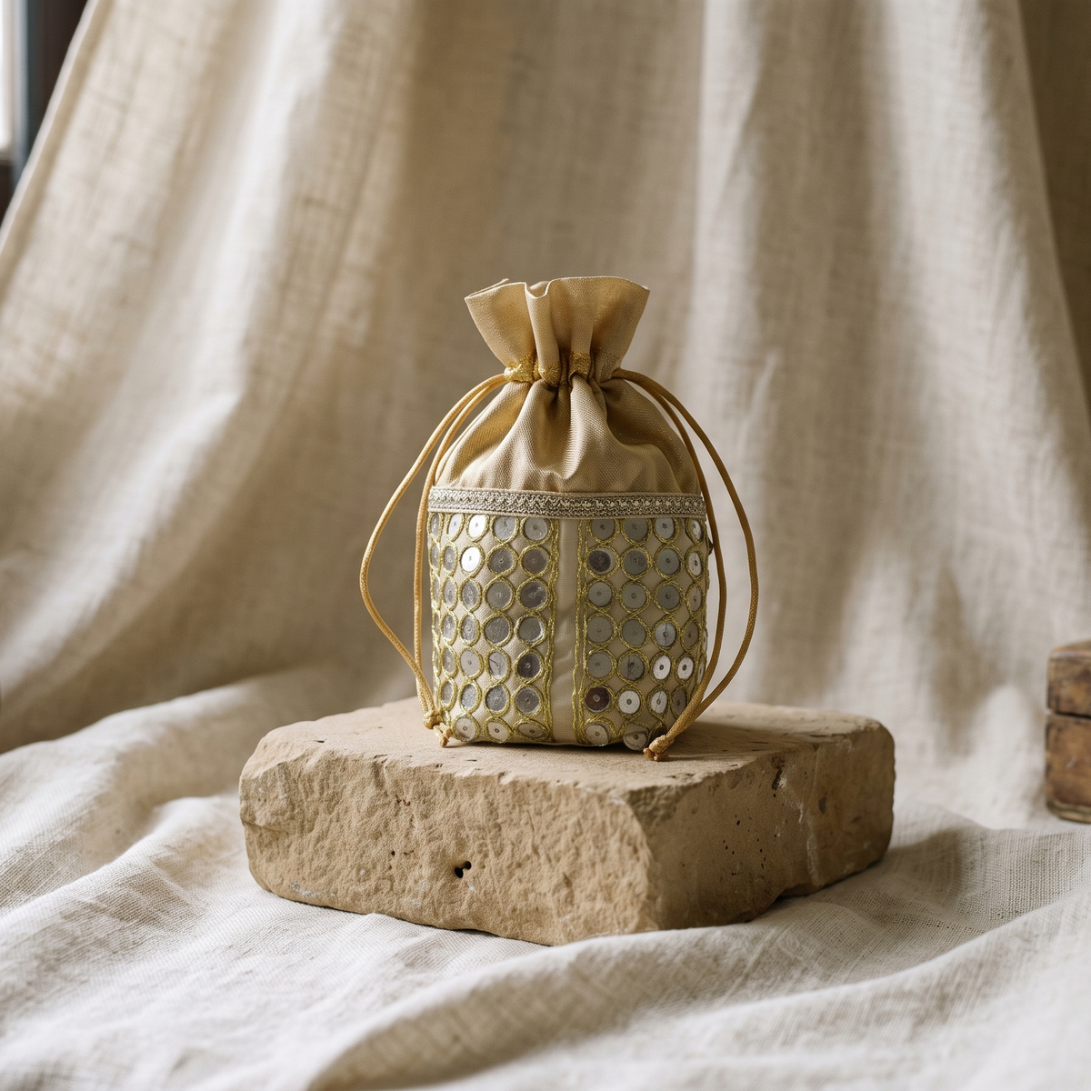 Single golden fabric drawstring potli bag adorned with traditional circular mirror-work, displayed on a rustic stone block against draped linen.