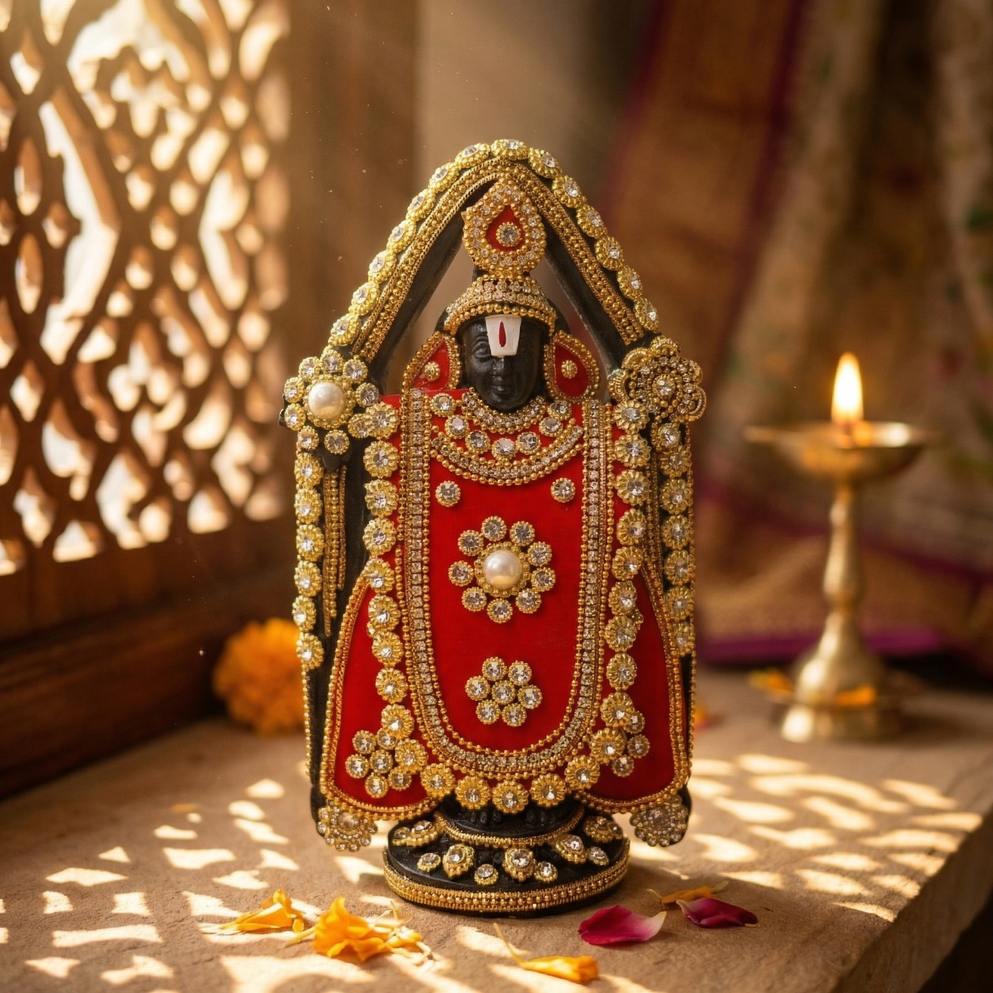 Handcrafted black Lord Venkateswara (Tirupati Balaji) murti richly adorned with red fabric, gold-tone detailing, and sparkling stones placed near a jali sunlight passing through