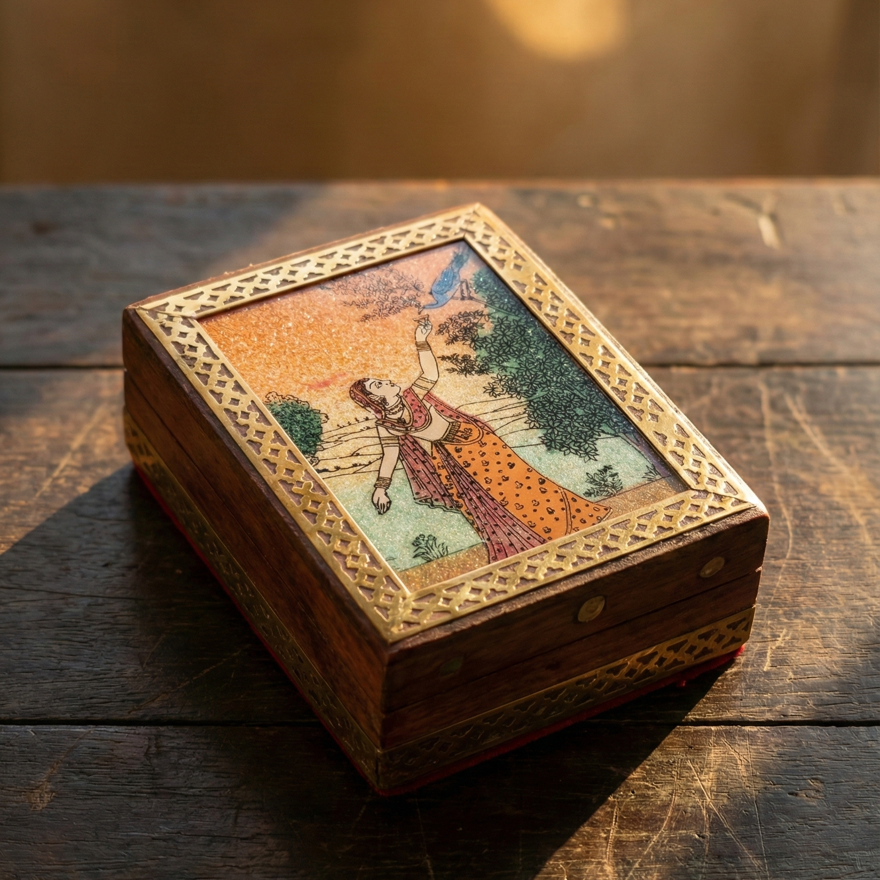Handcrafted wooden jewelry box featuring Ragini miniature painting framed in brass lattice work.