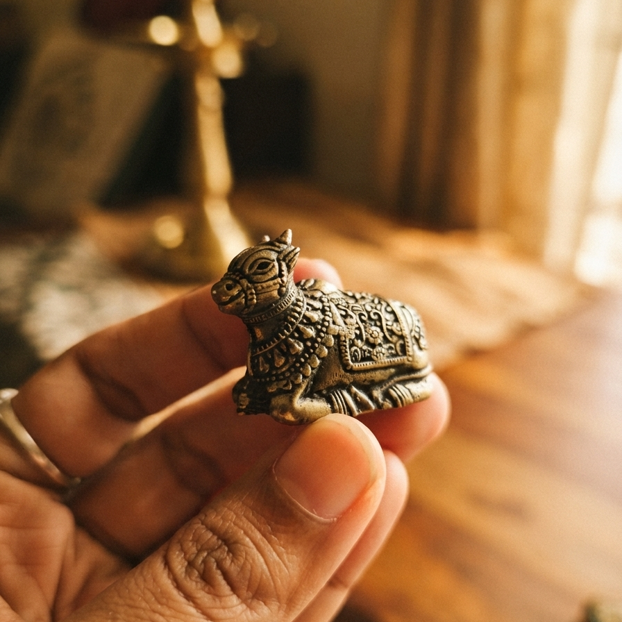 A close-up of a person's fingers gently holding a small, intricately detailed metal Nandiji figurine with an antique finish, with a traditional oil lamp softly blurred in the warm background.