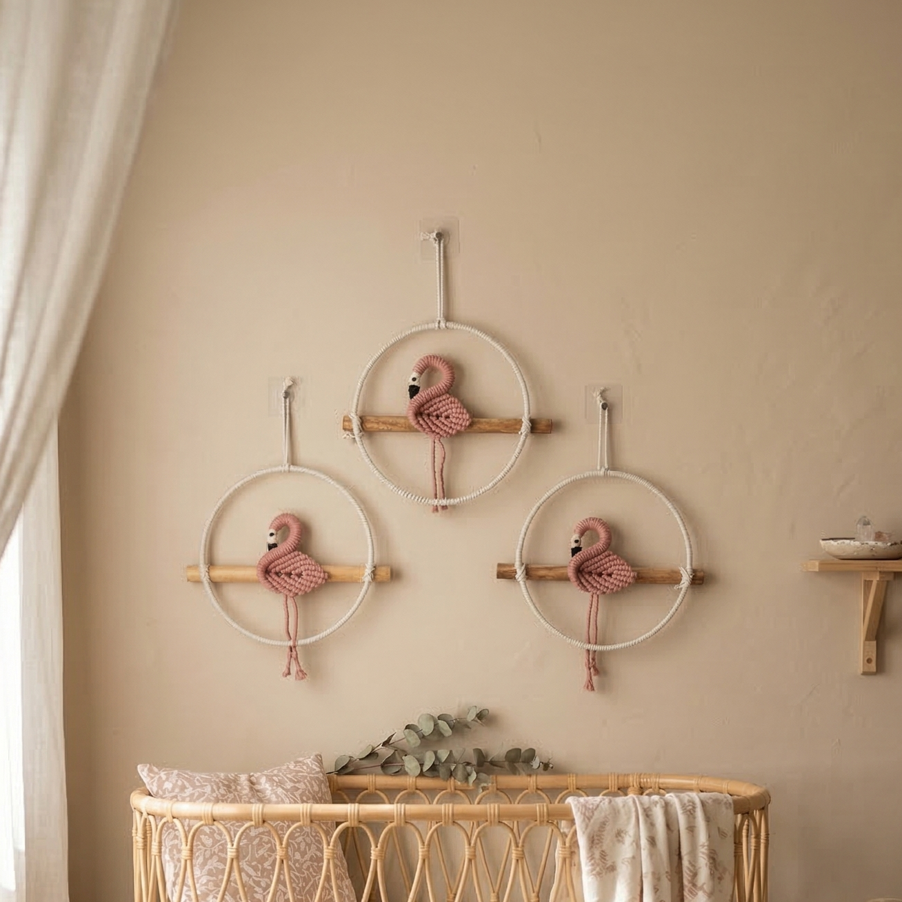 Handmade macrame flamingo wall art in a Nursery room,soothing calm vibes