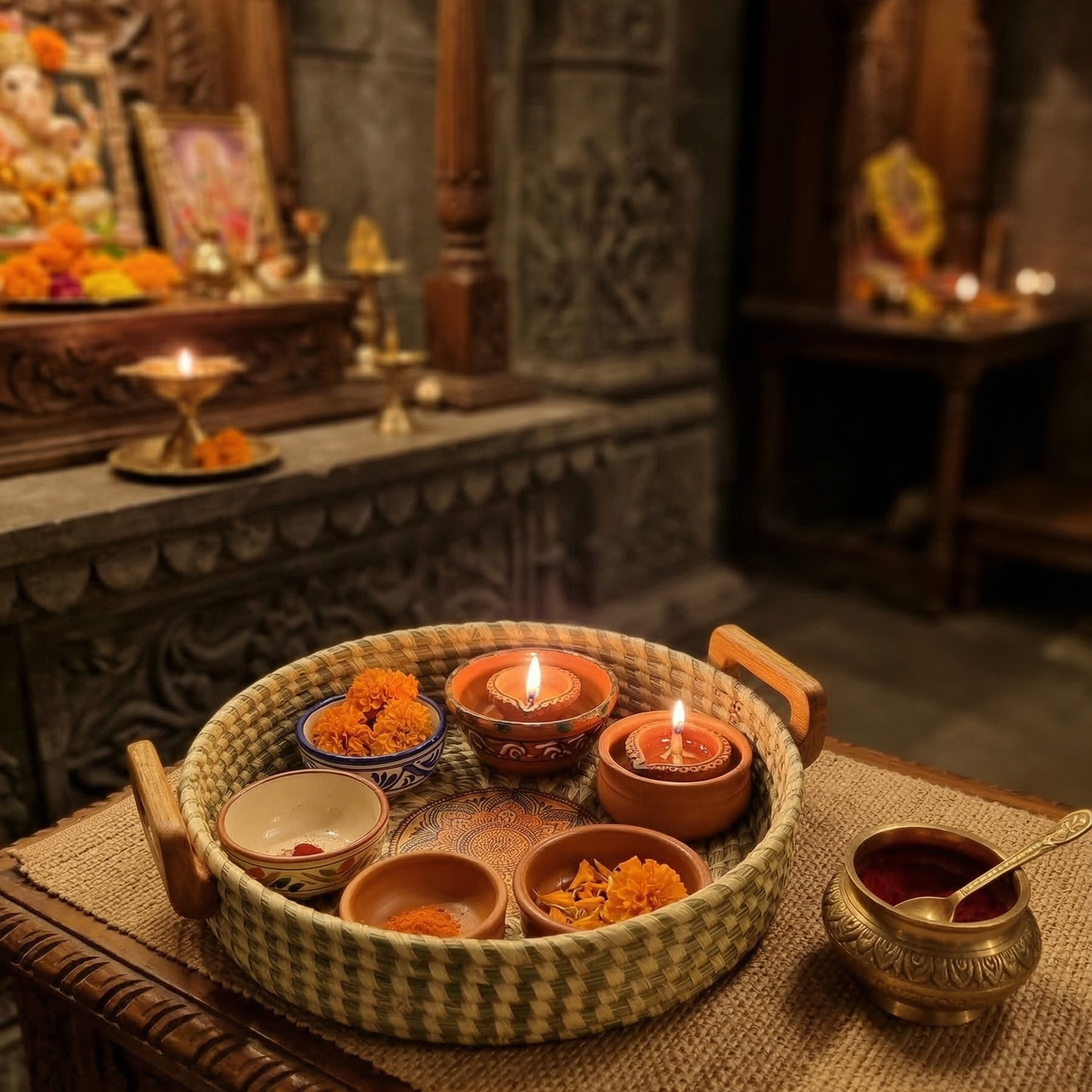 Handwoven natural Sabai grass serving tray with wooden handles and a decorative central mandala pattern in pooja room