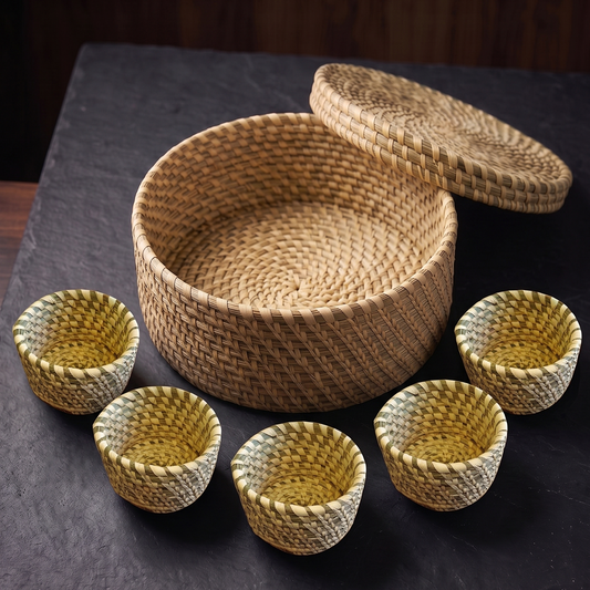 Handwoven natural Sabai grass lidded box with 5 small storage bowls inside, used as an eco-friendly masala dabba,jewelery and utility organizer.