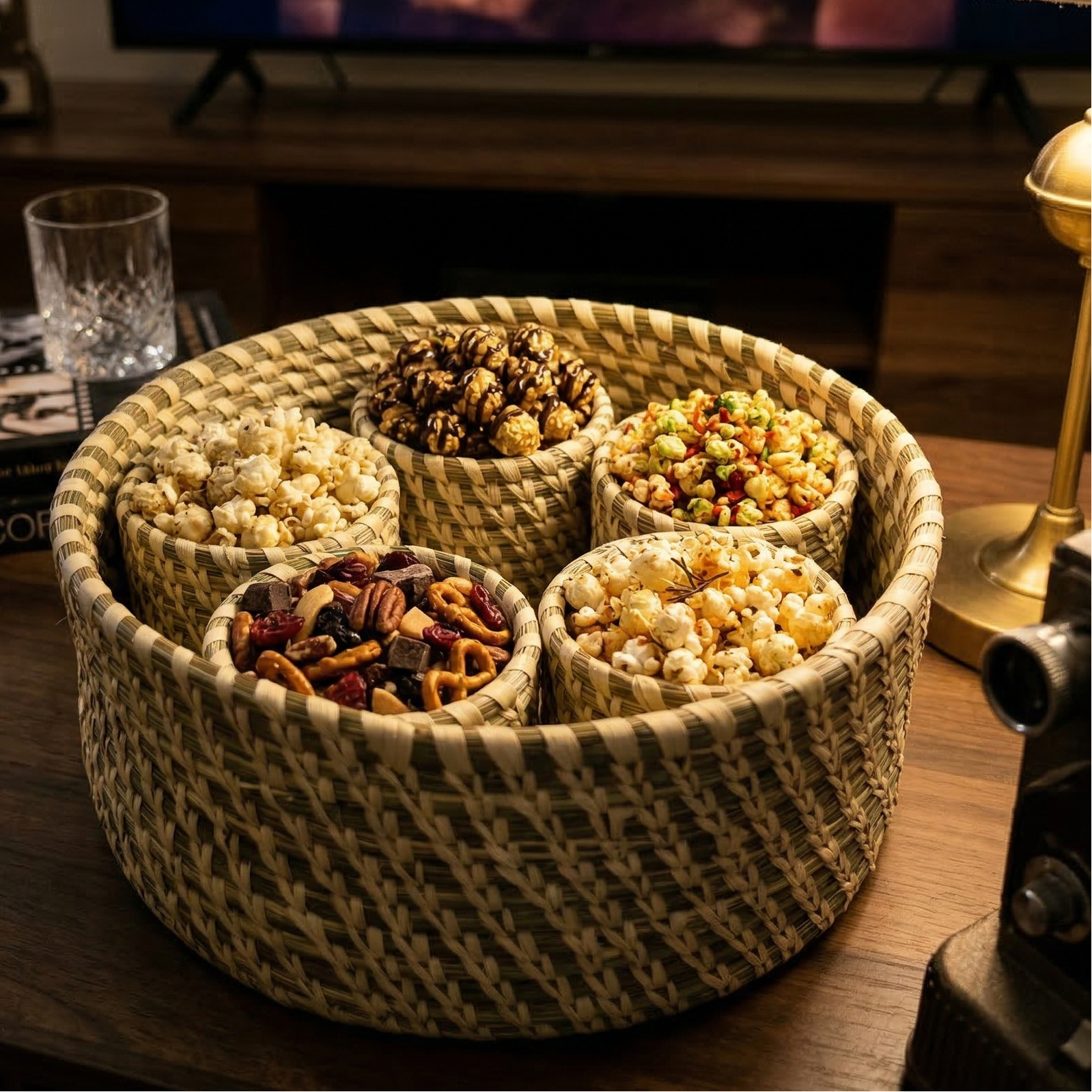 Handwoven natural Sabai grass lidded box with 5 small storage bowls inside, used as a dry fruit box
