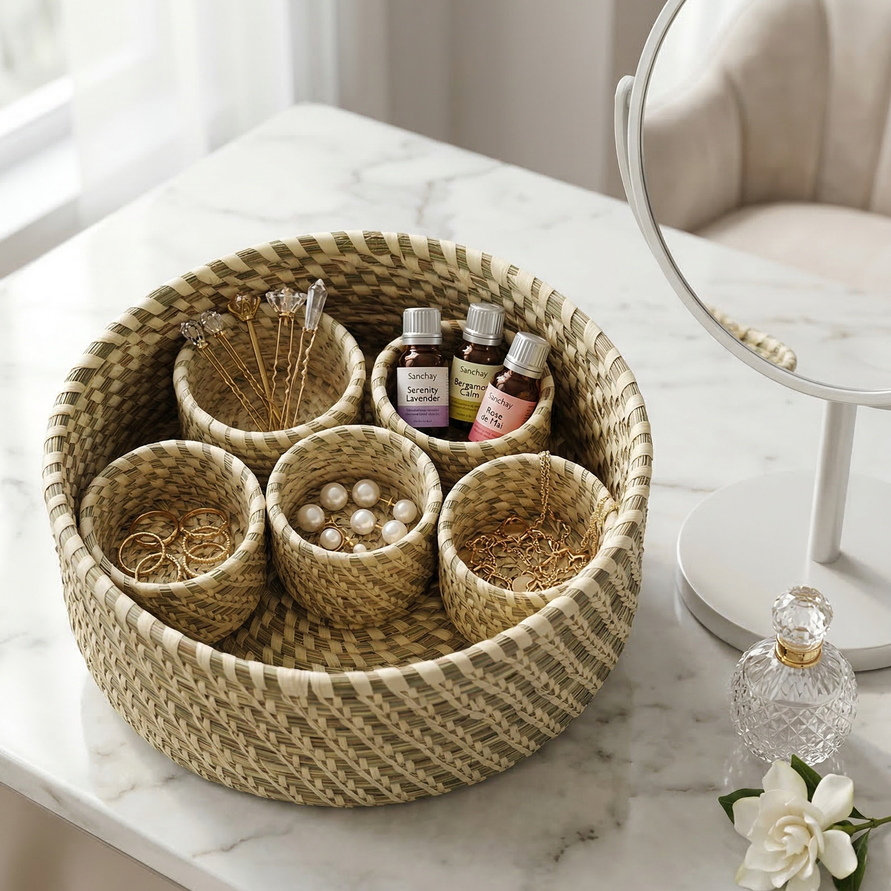 Handwoven natural Sabai grass lidded box with 5 small storage bowls inside, used as a jewelery and cosmetic organizer