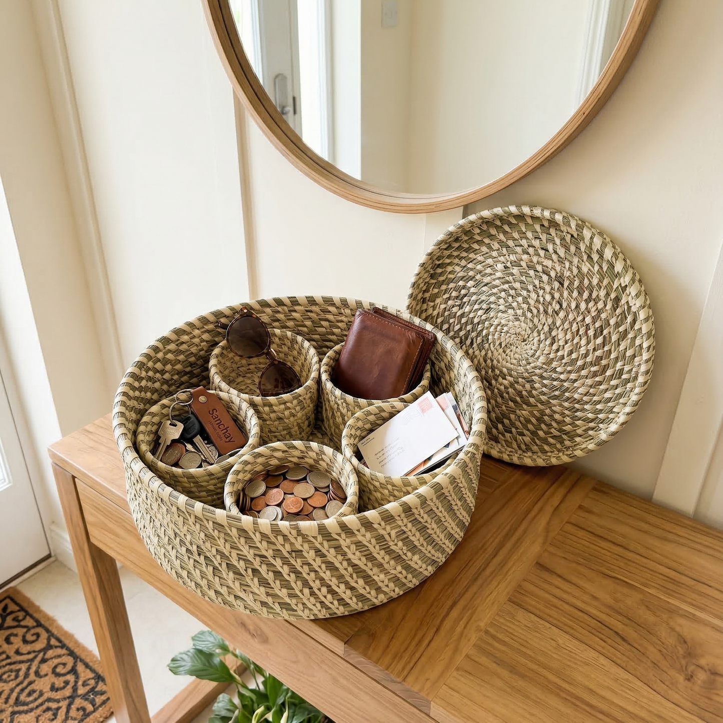 Handwoven natural Sabai grass lidded box with 5 small storage bowls inside, used as utility organizer.