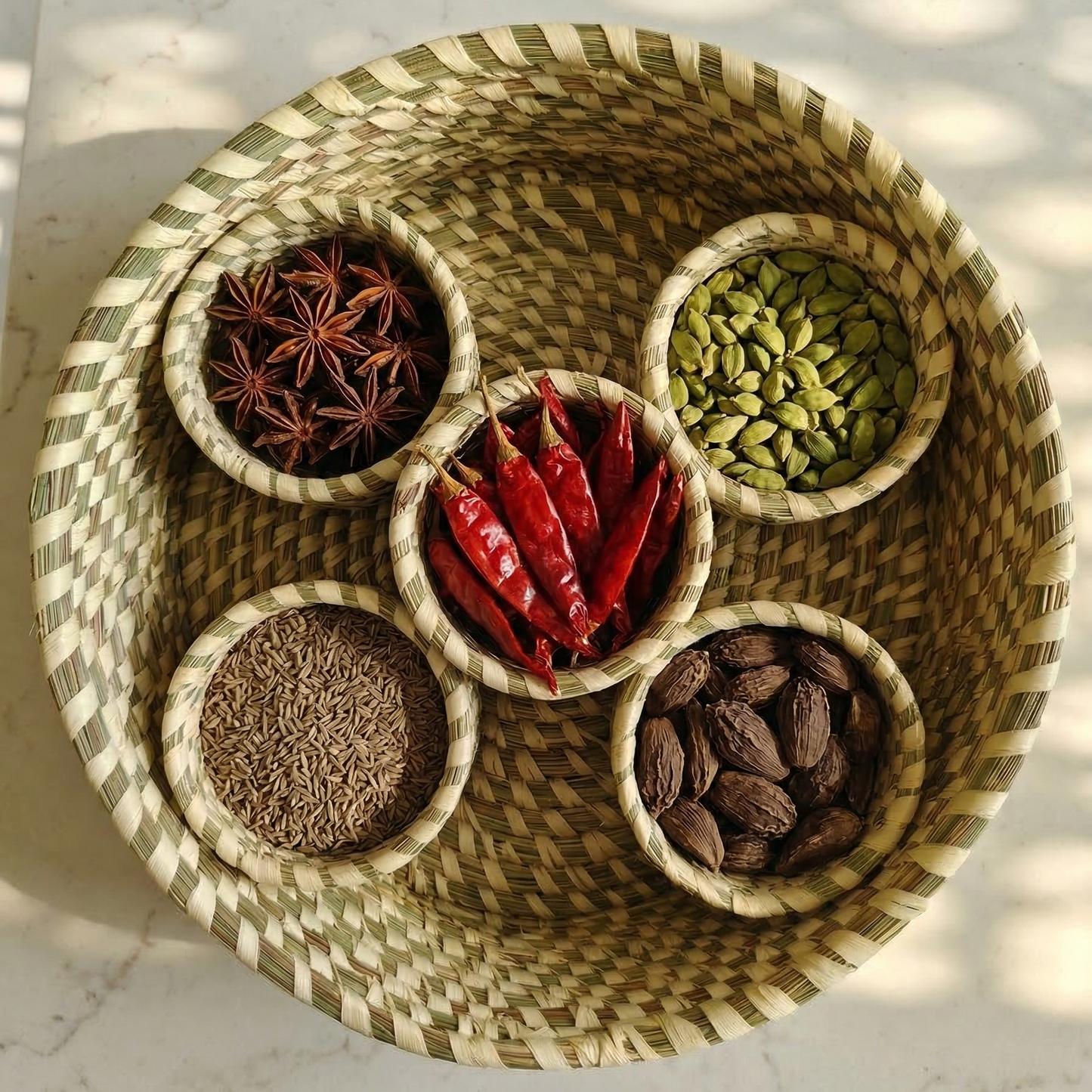 Handwoven natural Sabai grass masala box with 5 small storage bowls inside  with dry spices