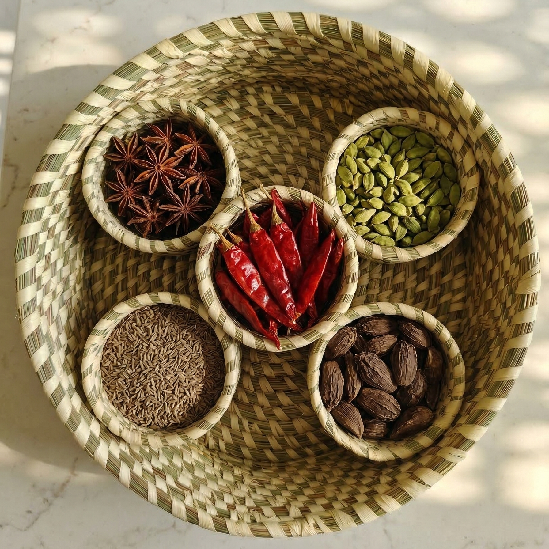 Handwoven natural Sabai grass masala box with 5 small storage bowls inside  with dry spices