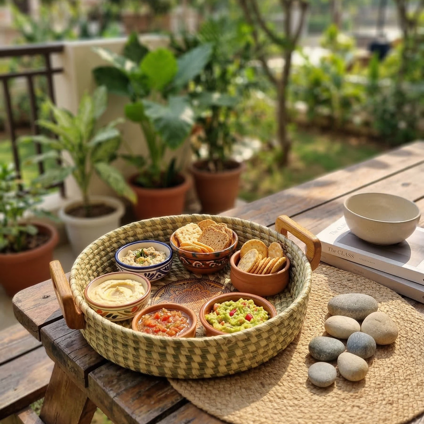 Handwoven natural Sabai grass snack serving tray with wooden handles and a decorative central mandala pattern