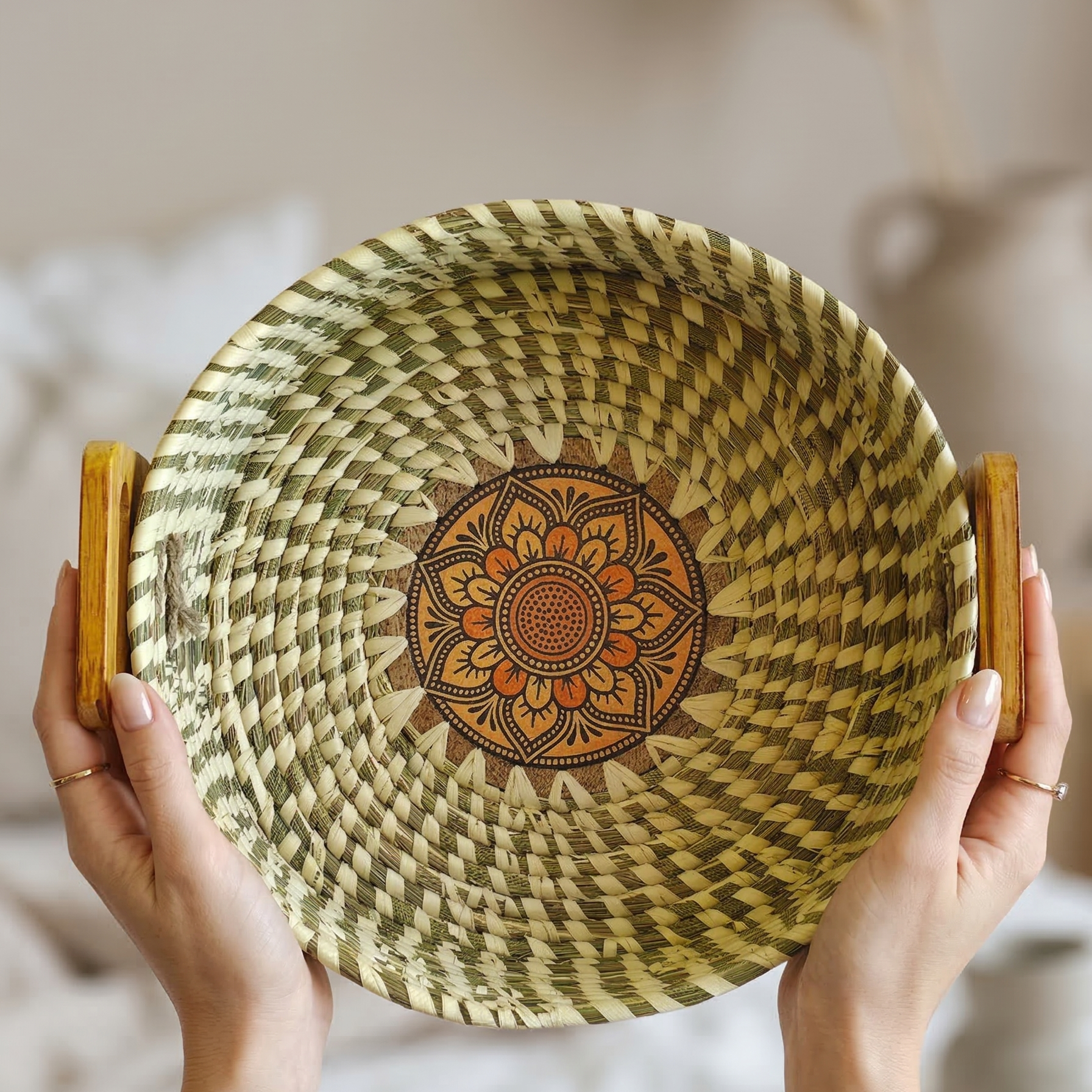 Handwoven natural Sabai grass serving tray with wooden handles and a decorative central mandala pattern.