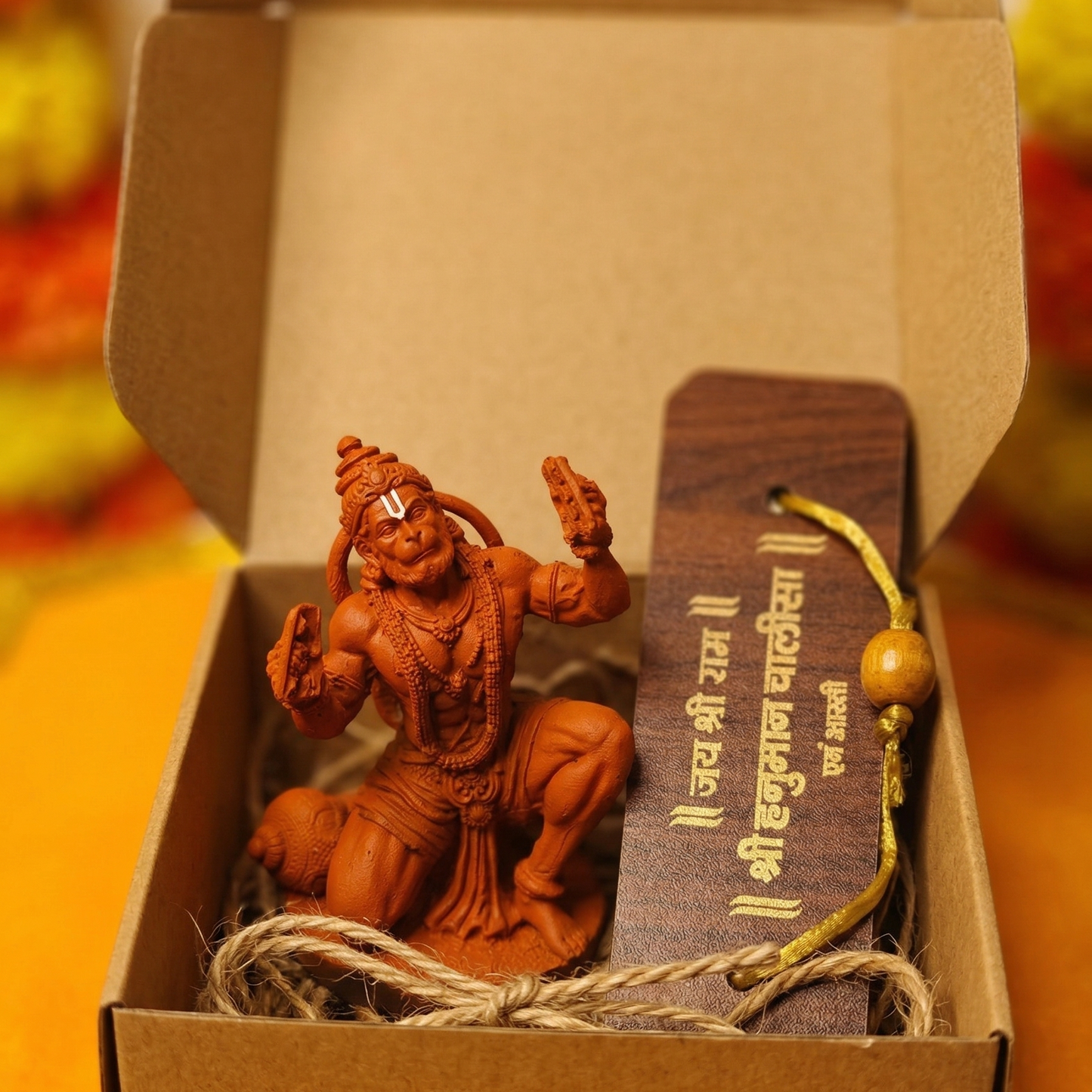 An open kraft-paper gift box displaying a terracotta-colored statue of Lord Hanuman and Hanuman Chalisa. Natural jute twine rests loosely inside the box, set against a softly blurred background of warm yellow and orange marigold flowers.