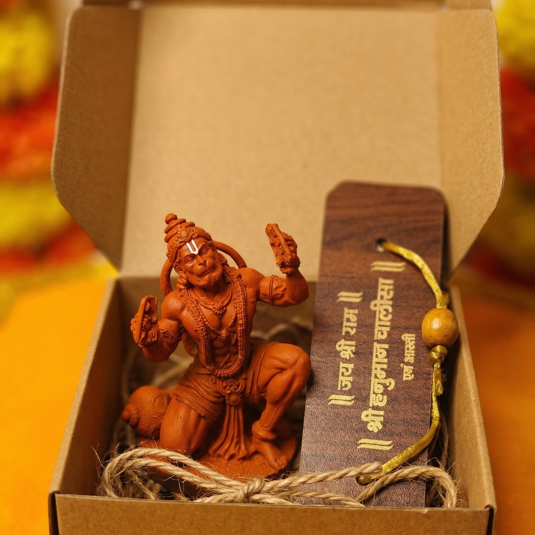 An open kraft-paper gift box displaying a terracotta-colored statue of Lord Hanuman and Hanuman Chalisa. Natural jute twine rests loosely inside the box, set against a softly blurred background of warm yellow and orange marigold flowers.