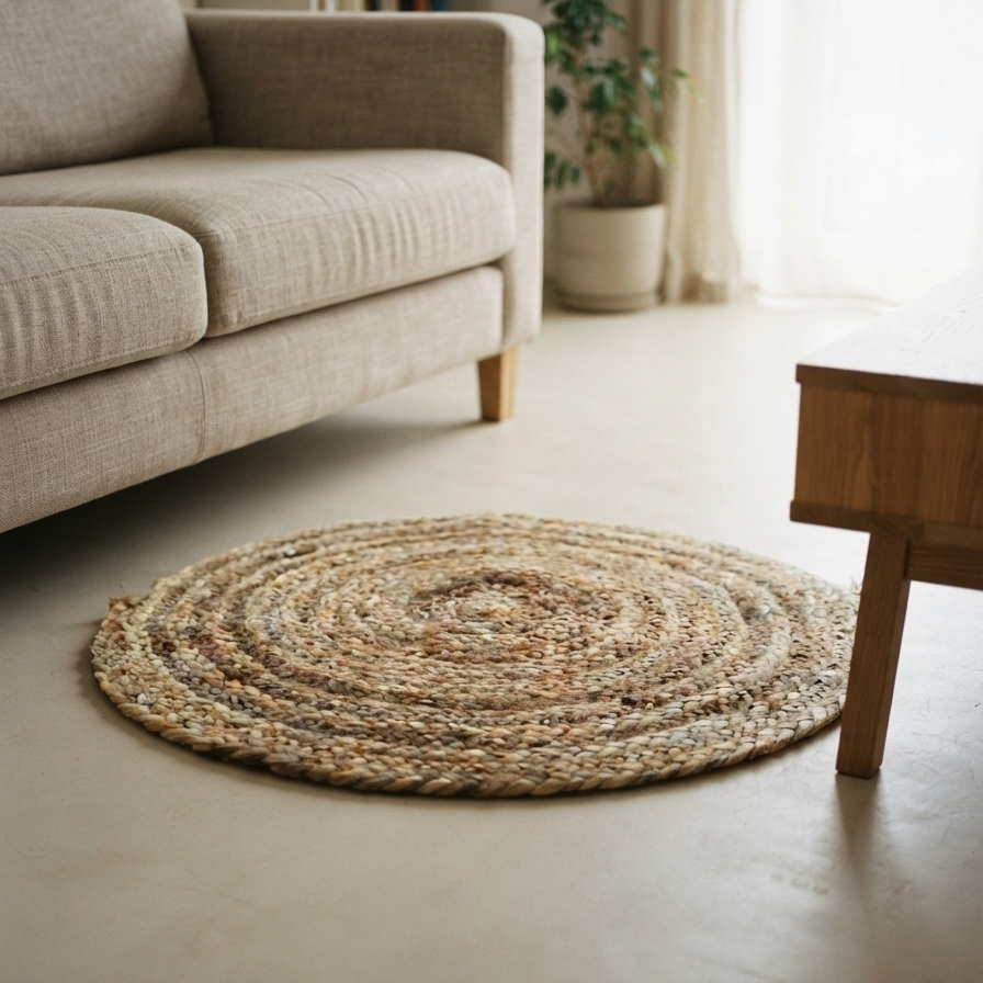A large 23-inch braided golden jute mat utilized as a small organic floor rug, placed on a smooth light floor next to a cozy beige sofa and a wooden coffee table.