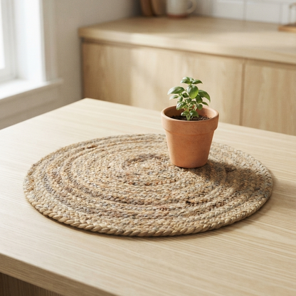 A round natural braided jute mat acting as a tabletop centerpiece on a light oak kitchen counter, holding a small terracotta pot with a fresh green basil plant.