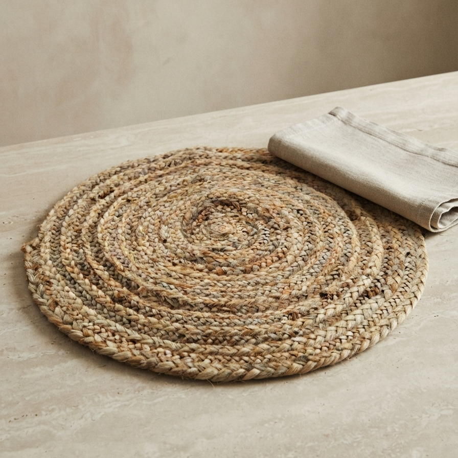 Close-up of a thick, reversible round braided jute placemat resting on a light beige stone surface, paired with a folded natural linen napkin for an earthy table setting.