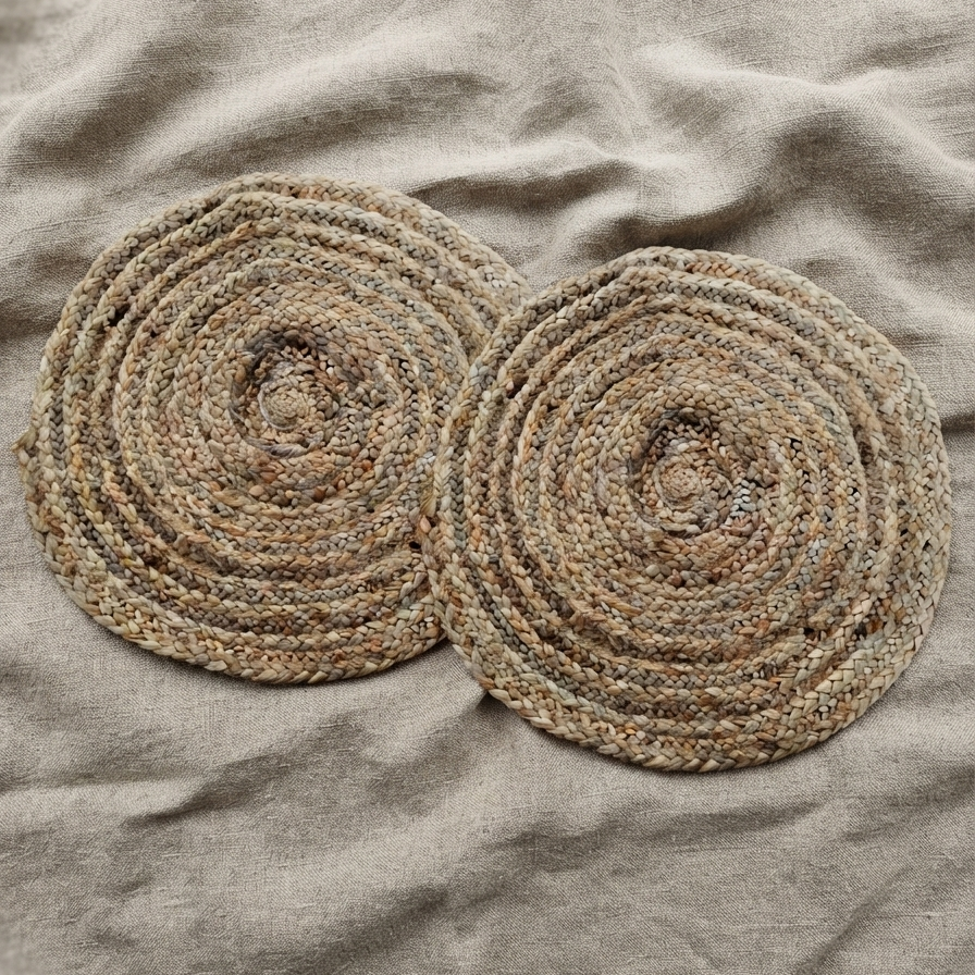 Top-down view of two round braided natural golden jute mats overlapping each other, displayed flat to highlight their twisted fibers on a textured beige linen fabric background.