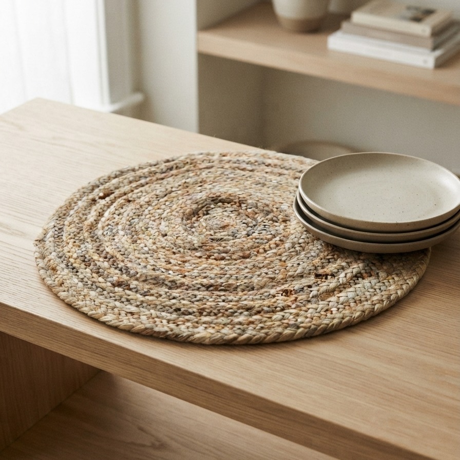 An eco-friendly braided jute placemat styled on a light wooden dining table, with a neat stack of three speckled ceramic plates resting on its edge in a bright, modern room.