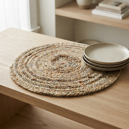 An eco-friendly braided jute placemat styled on a light wooden dining table, with a neat stack of three speckled ceramic plates resting on its edge in a bright, modern room.