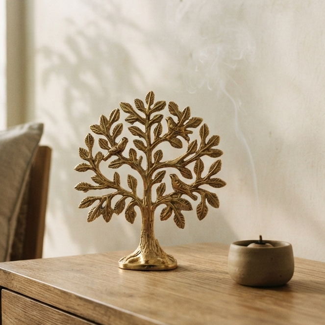 A decorative gold-polished aluminum tree sculpture placed on a smooth wooden side cabinet, sitting next to a small burning incense bowl emitting a trail of white smoke.