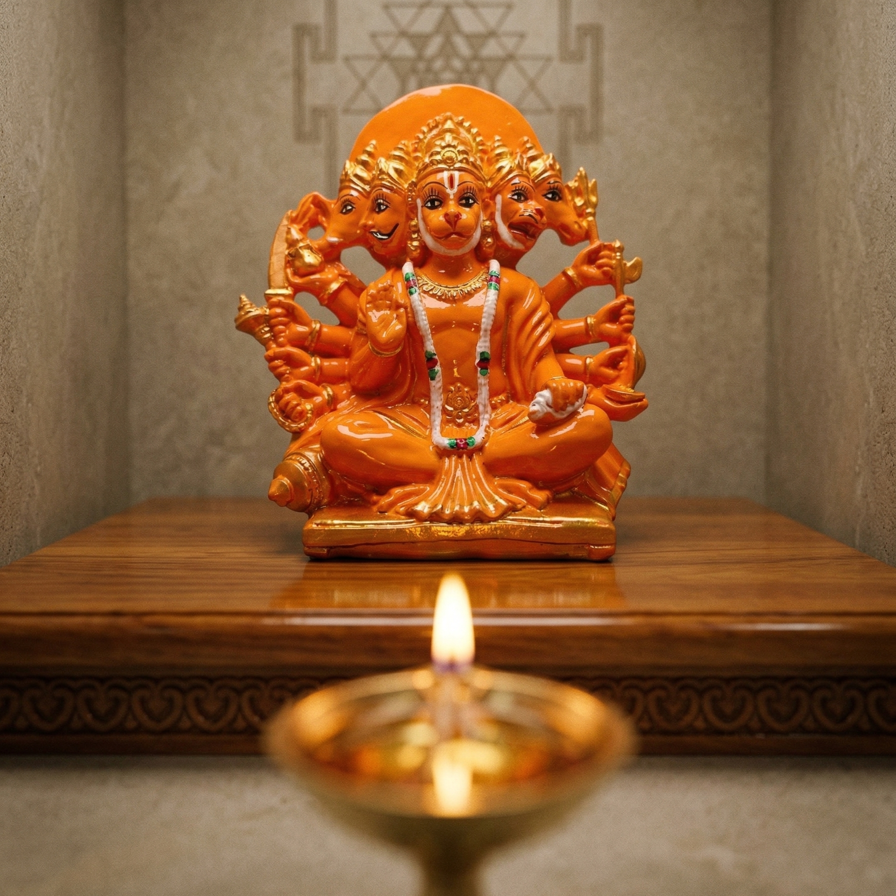 Orange Panchmukhi Hanumanji murti with five divine faces and ten arms in Home mandir
