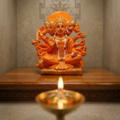 Orange Panchmukhi Hanumanji murti with five divine faces and ten arms in Home mandir