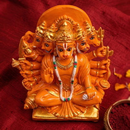 Orange Panchmukhi Hanumanji murti with five divine faces and ten arms placed on a maroon cloth