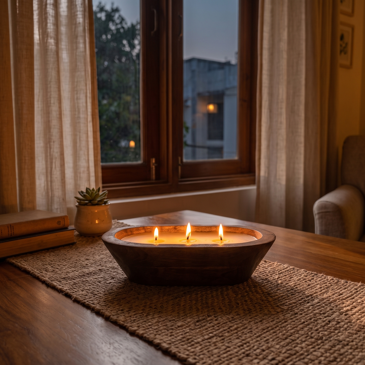 A lit three-wick wooden dough bowl candle casting a warm room-filling glow as a dining table centerpiece, sitting on a woven runner surrounded by books and a succulent near a window at dusk.