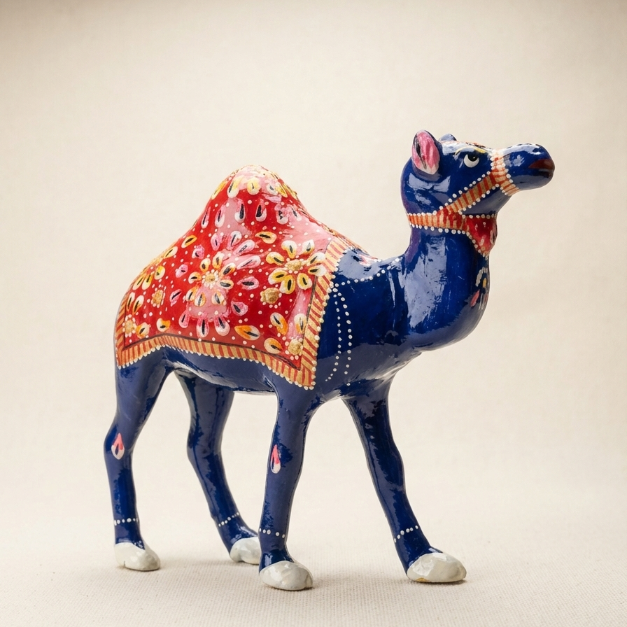 Red and gold Meenakari saddle work on blue metal camel-Side View