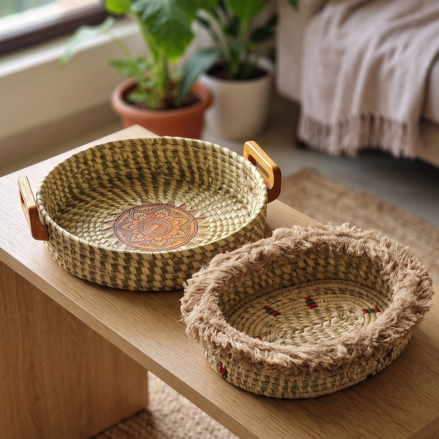 Two handcrafted sabai grass decor pieces-a round mandala tray and an oval fringed basket-displayed on a wooden console table in a modern, earthy home setting.