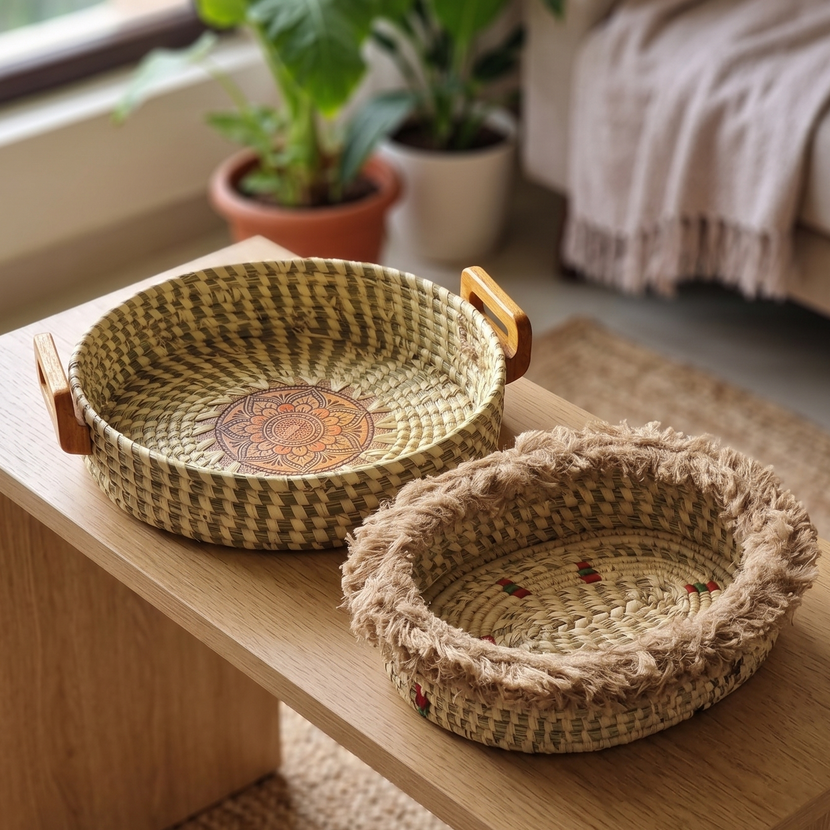 Two handcrafted sabai grass decor pieces-a round mandala tray and an oval fringed basket-displayed on a wooden console table in a modern, earthy home setting.
