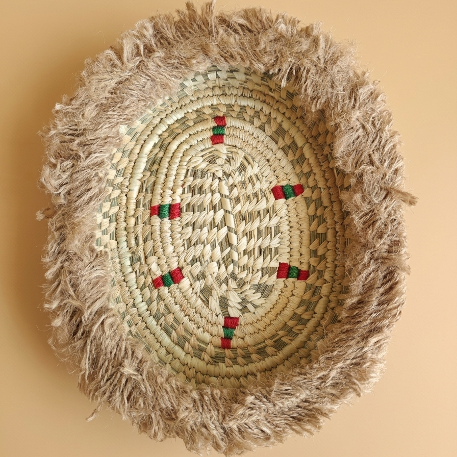 Handwoven basket with fringe on a beige background