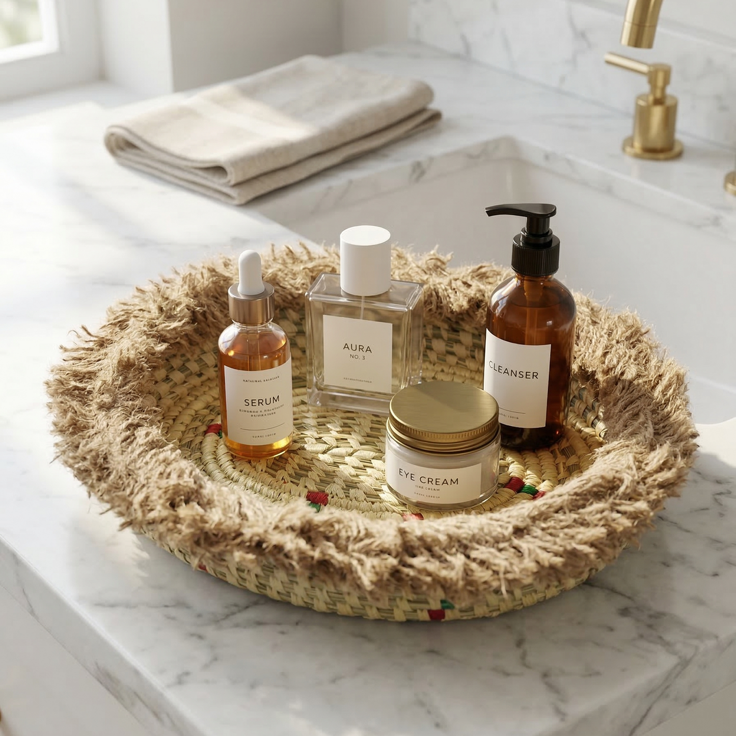 Sabai Grass tray on a bathroom counter with skincare products 