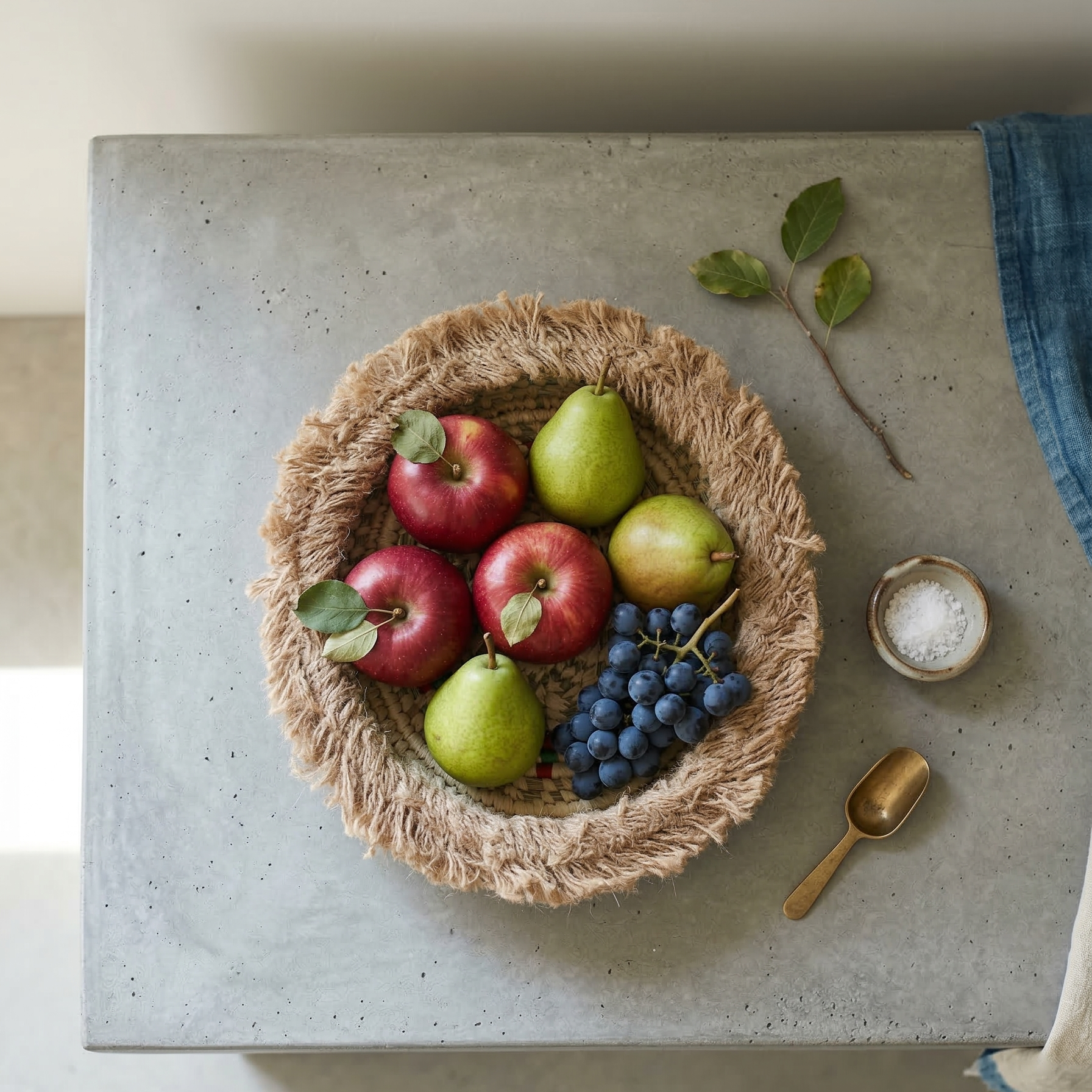 Sabai grass basket with apples, pears, and grapes 