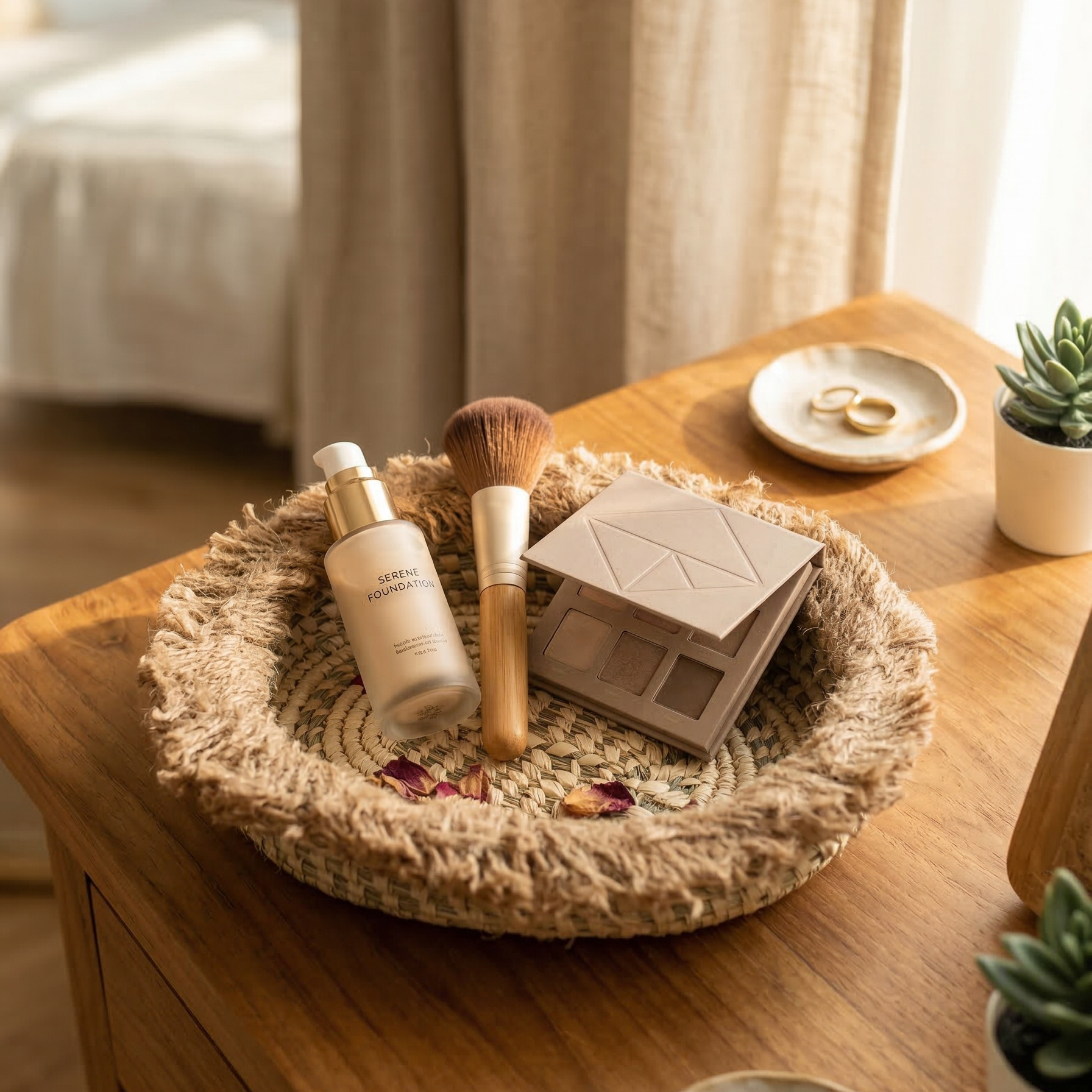 Handwoven Sabai tray with cosmetics products stored