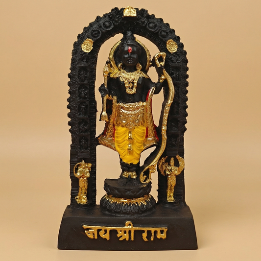 Sacred black Shri Ram Lalla murti standing inside an archway, richly adorned with golden jewelry and garments, with Jai Shri Ram inscribed on the base on a beige background
