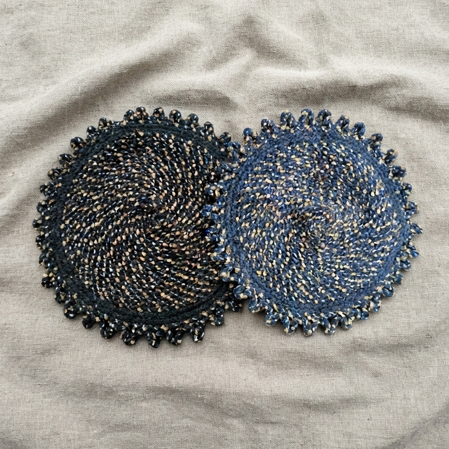 Top-down view of two round braided mats with scalloped edges, one dark charcoal black and one denim blue, overlapping on a textured beige linen fabric.