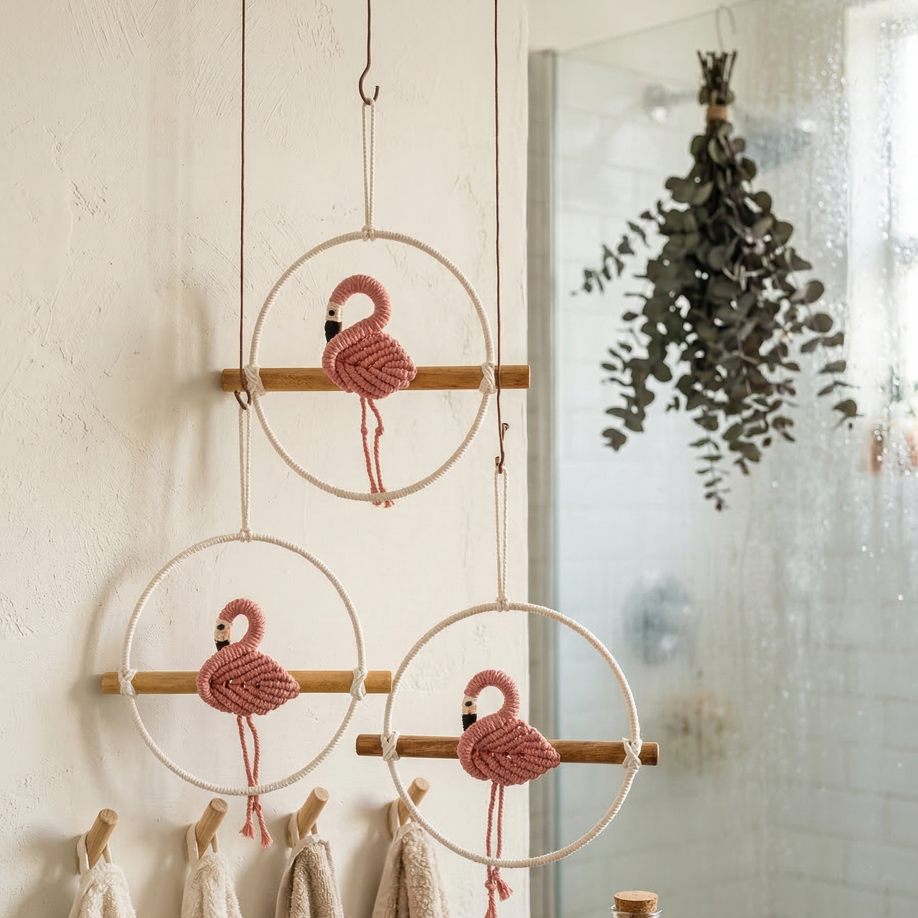 Set of 3 handcrafted macrame pink flamingo wall hangings sitting on wooden perches in a bathroom setting