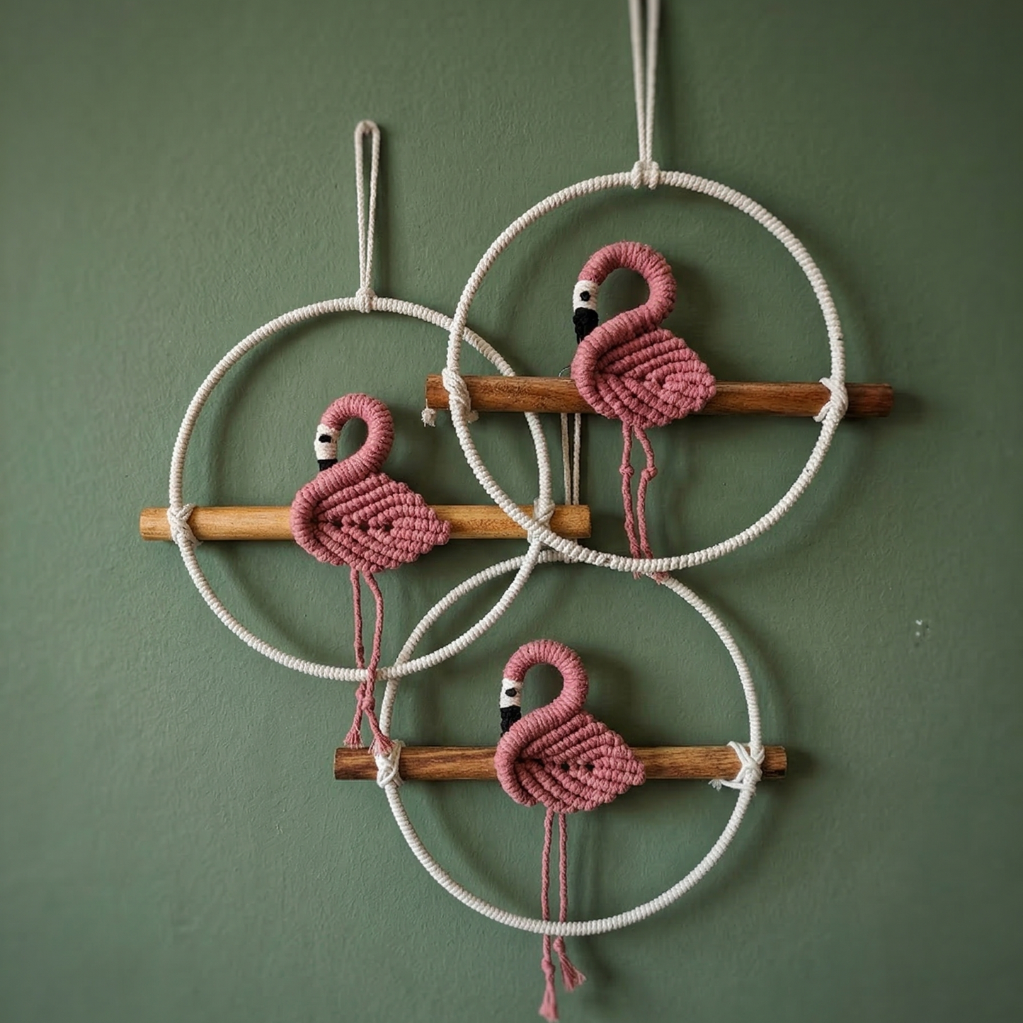 Set of 3 handcrafted macrame pink flamingo wall hangings sitting on wooden perches.