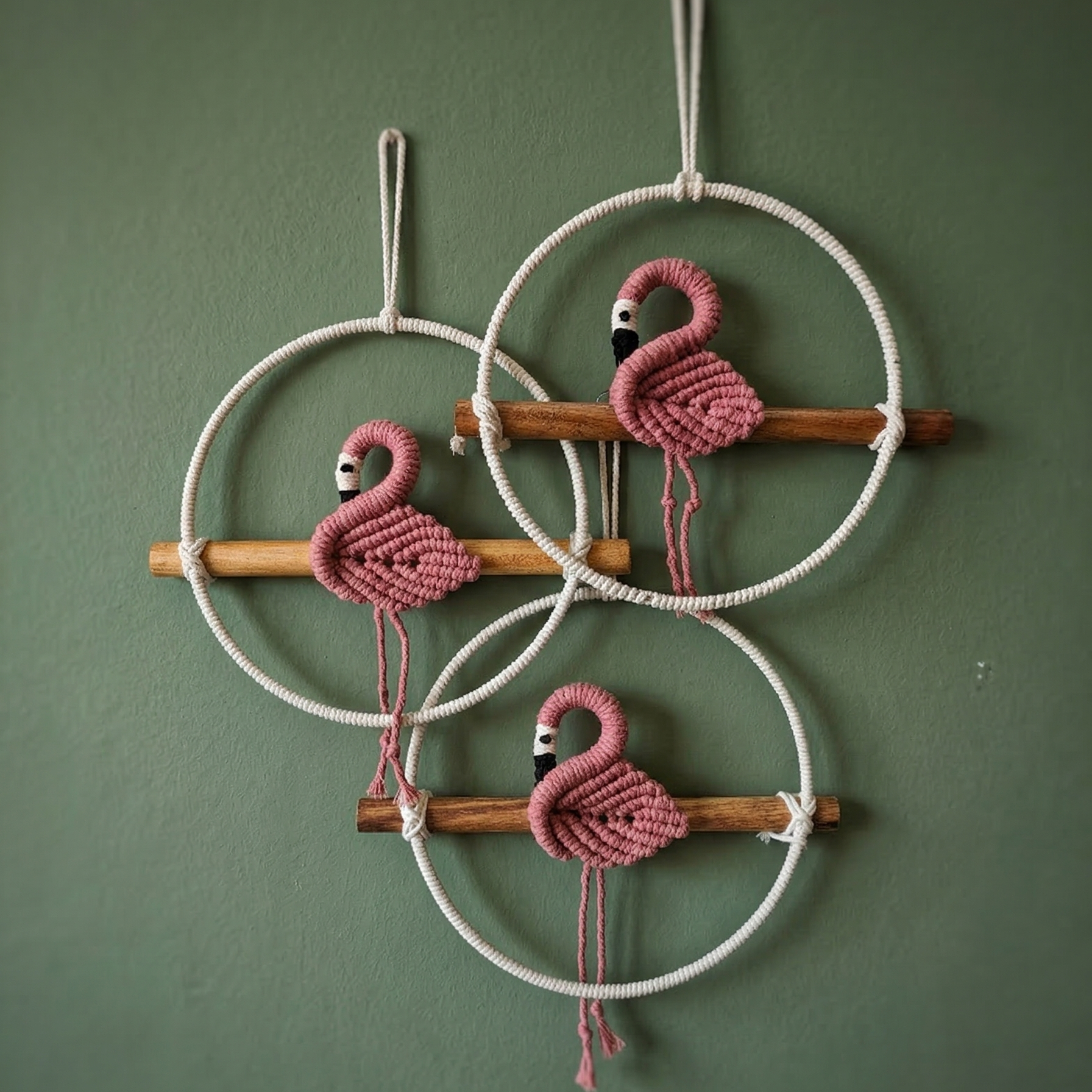 Set of 3 handcrafted macrame pink flamingo wall hangings sitting on wooden perches.