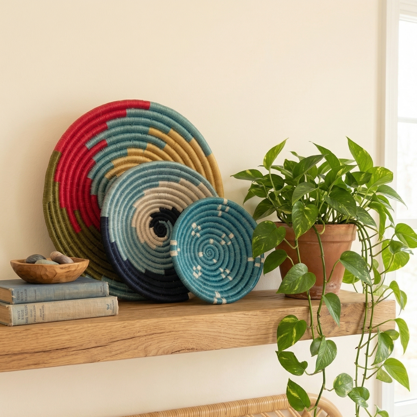 Set of assorted colorful Sabai grass handwoven baskets featuring vibrant geometric and spiral patterns placed on a shelf near plant