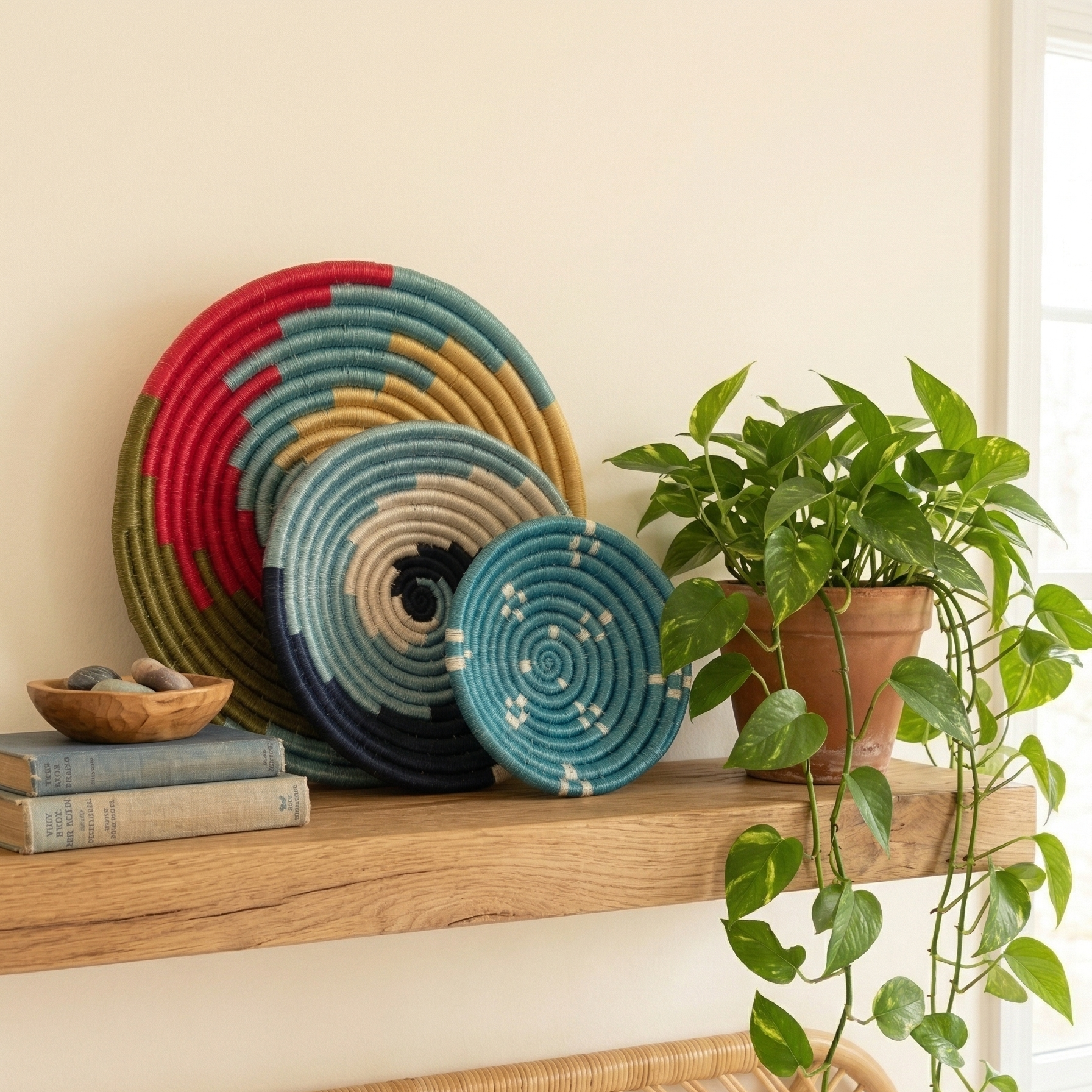 Set of assorted colorful Sabai grass handwoven baskets featuring vibrant geometric and spiral patterns placed on a shelf near plant