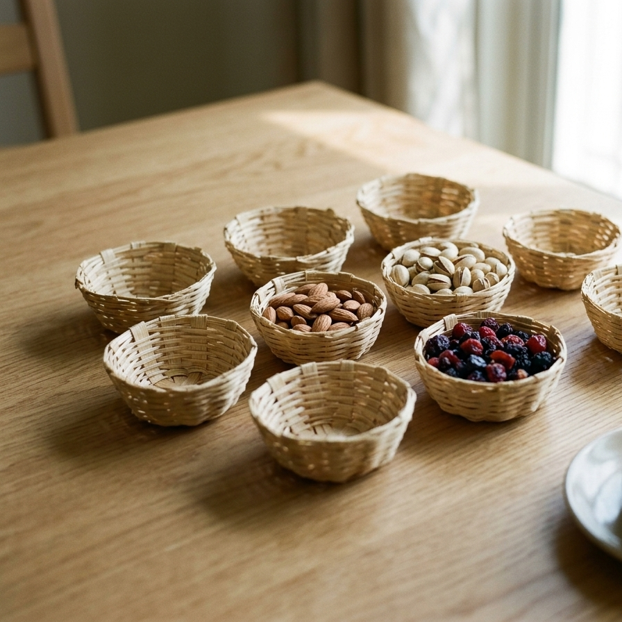 10 round woven bamboo basket bowls are arranged symmetrically on a wooden dining table, with one bowl containing almonds, another mixed berries, and a third pistachios, beside a white ceramic teacup and saucer under warm sunlight.