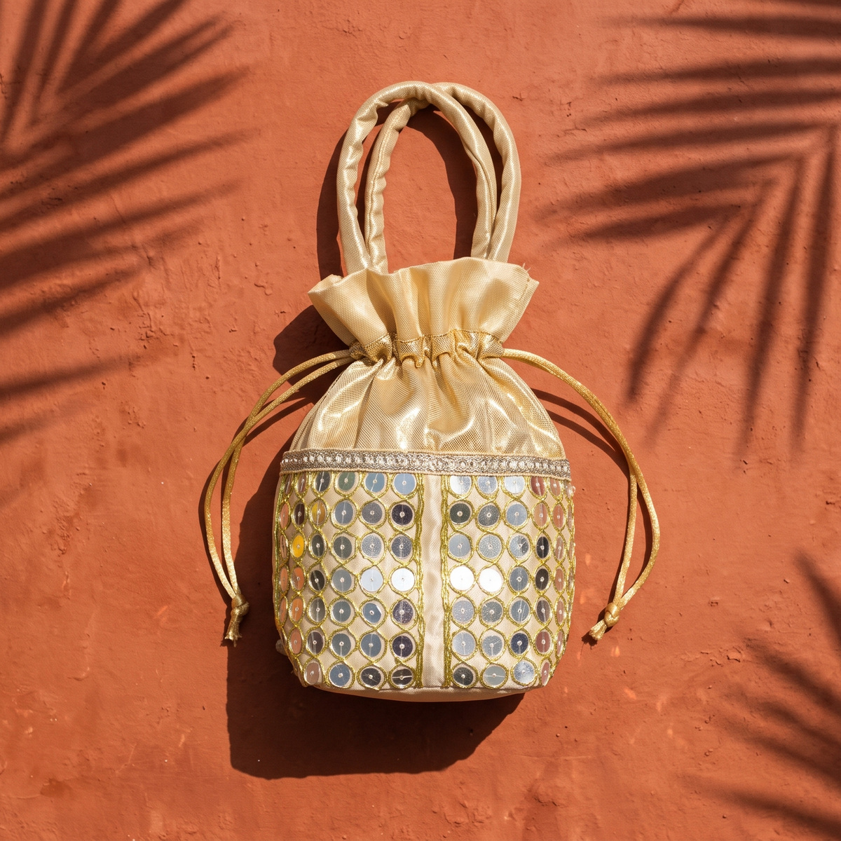 Top-down view of a golden mirror-work drawstring pouch sparkling in sunlight, resting on a terracotta surface with tropical palm leaf shadows.
