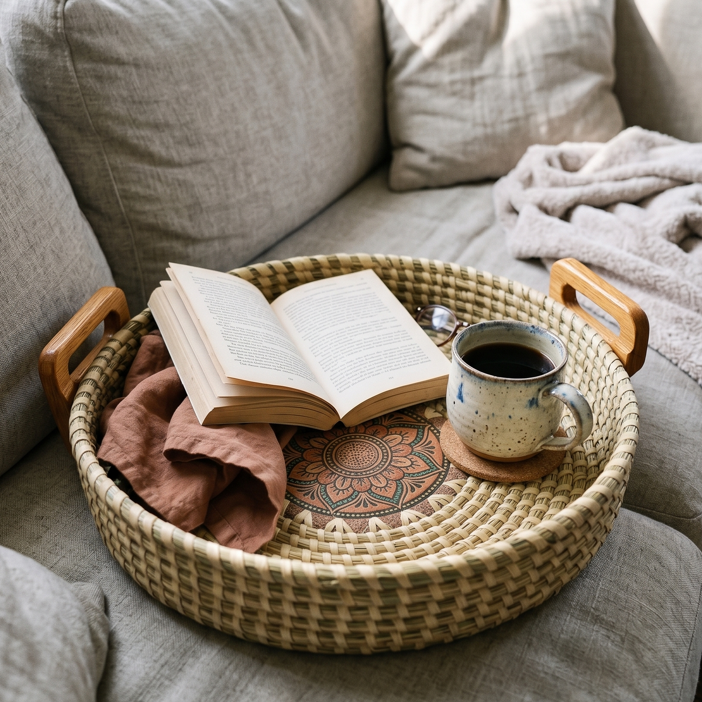 A round, handwoven sabai grass tray with a painted central mandala motif and solid wood handles. It is resting on a light grey linen sofa, styled with an open book, a speckled ceramic coffee mug on a coaster, a pair of glasses, and a rust-colored cloth napkin.
