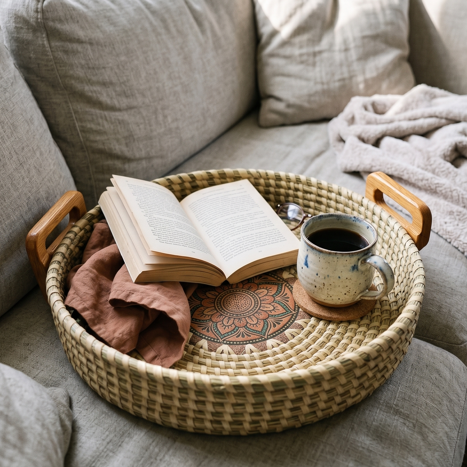 A round, handwoven sabai grass tray with a painted central mandala motif and solid wood handles. It is resting on a light grey linen sofa, styled with an open book, a speckled ceramic coffee mug on a coaster, a pair of glasses, and a rust-colored cloth napkin.