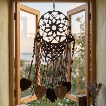 Large hand-knotted brown macrame dreamcatcher with symmetric mandala web and leaf-shaped fringes on a white wall