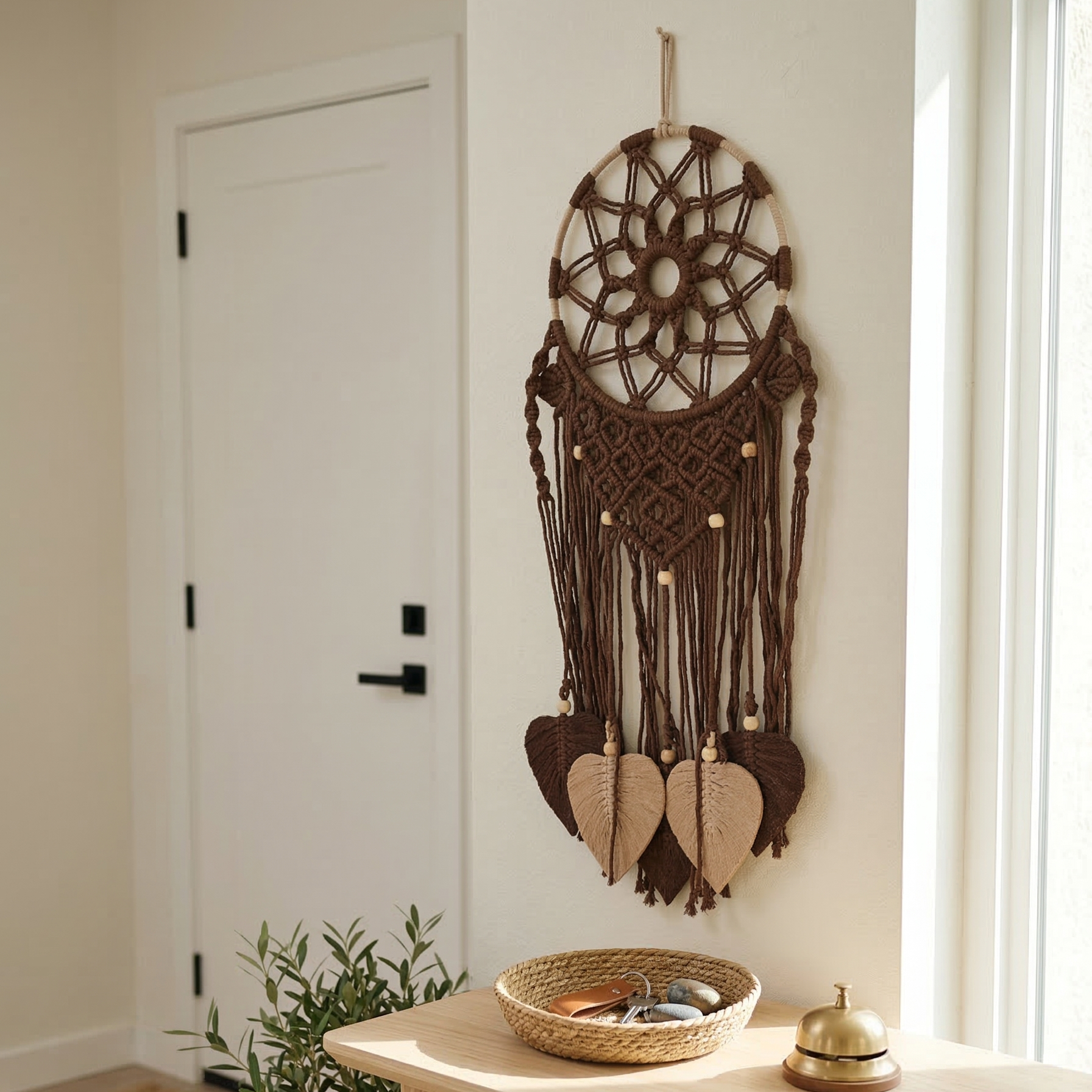 Brown dreamcatcher hanging on a white wall above a wooden table with a plant and small bowl.