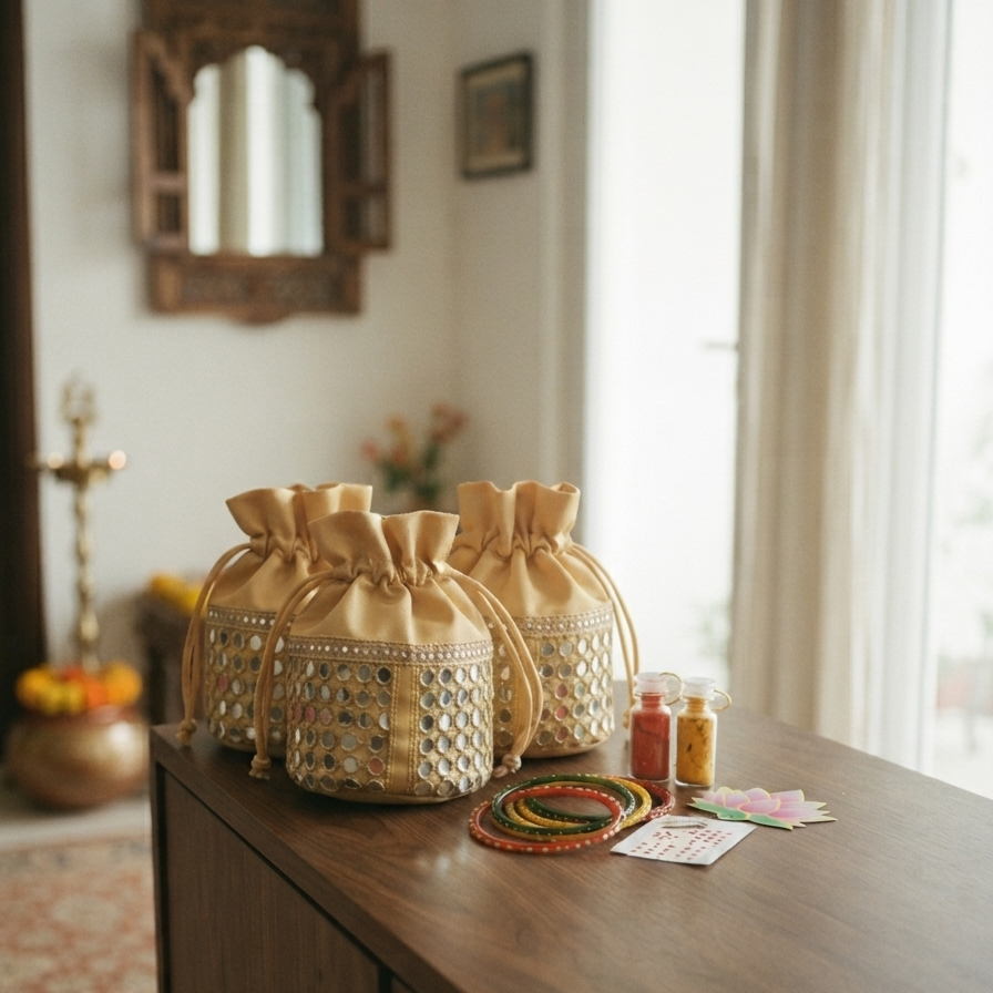 golden mirror-work potli bags standing upright on a dark wooden cabinet, accompanied by a set of lac bangles, glass haldi kumkum bottles, and a bindi card in a warm, traditional room setting.