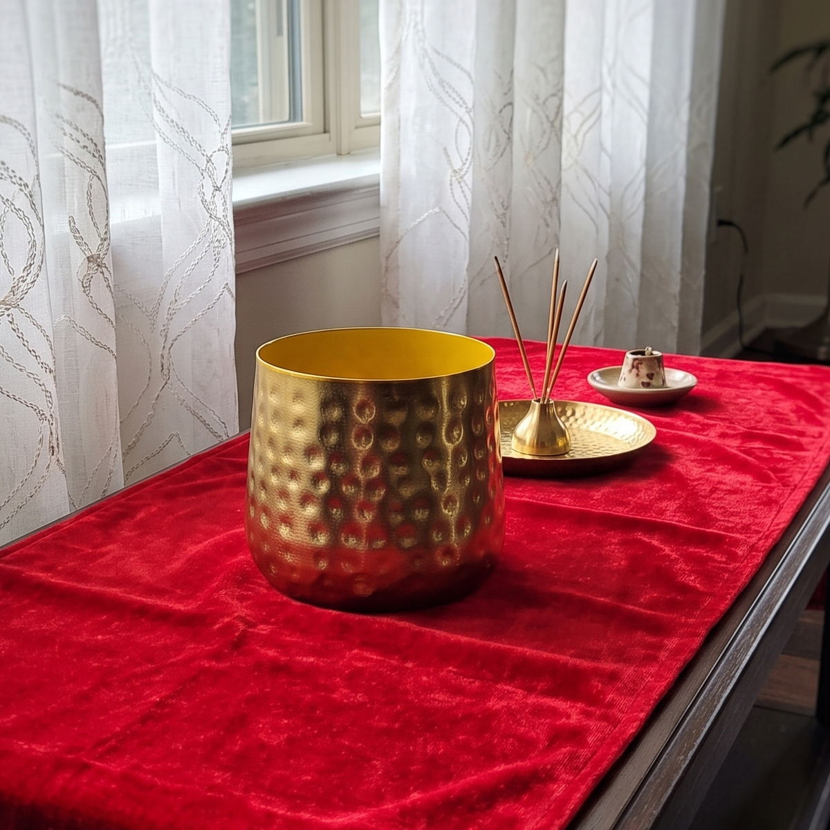Empty round hammered gold metal planter pot placed as a decorative centerpiece on a dark wood table over a red velvet runner, next to a brass incense holder by a window.