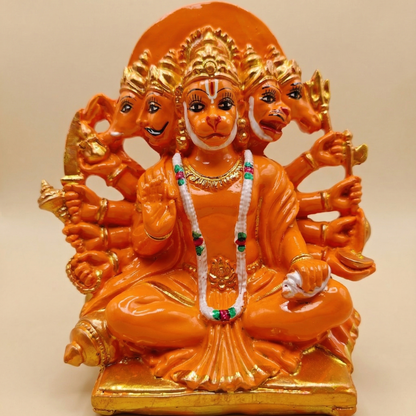 Vibrant orange Panchmukhi Hanumanji murti with five divine faces and ten arms, seated on a golden base.
